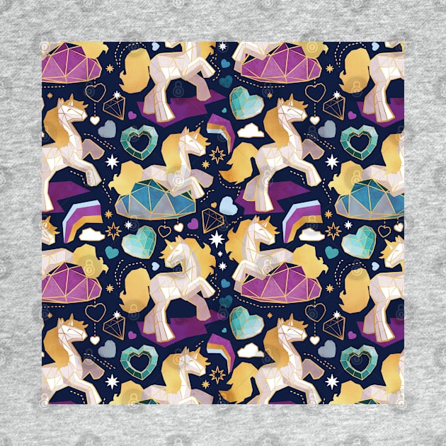 Kicking off some magic // pattern // navy blue background white and grey unicorns violet blue and aqua hearts clouds and rainbows golden lines by SelmaCardoso